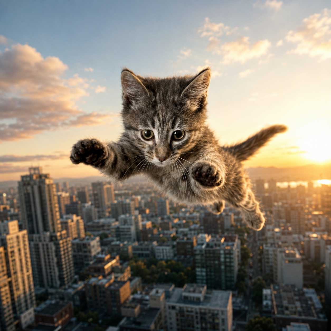 Flying Cat soaring over the city