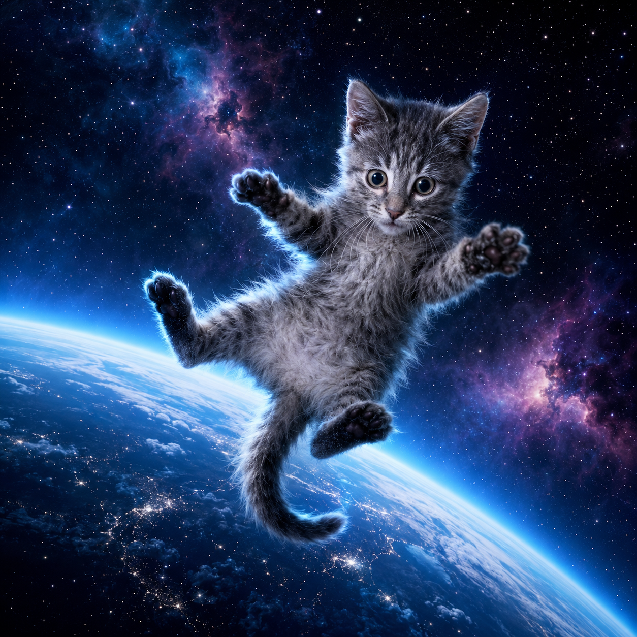 Flying Cat floating in orbit above Earth