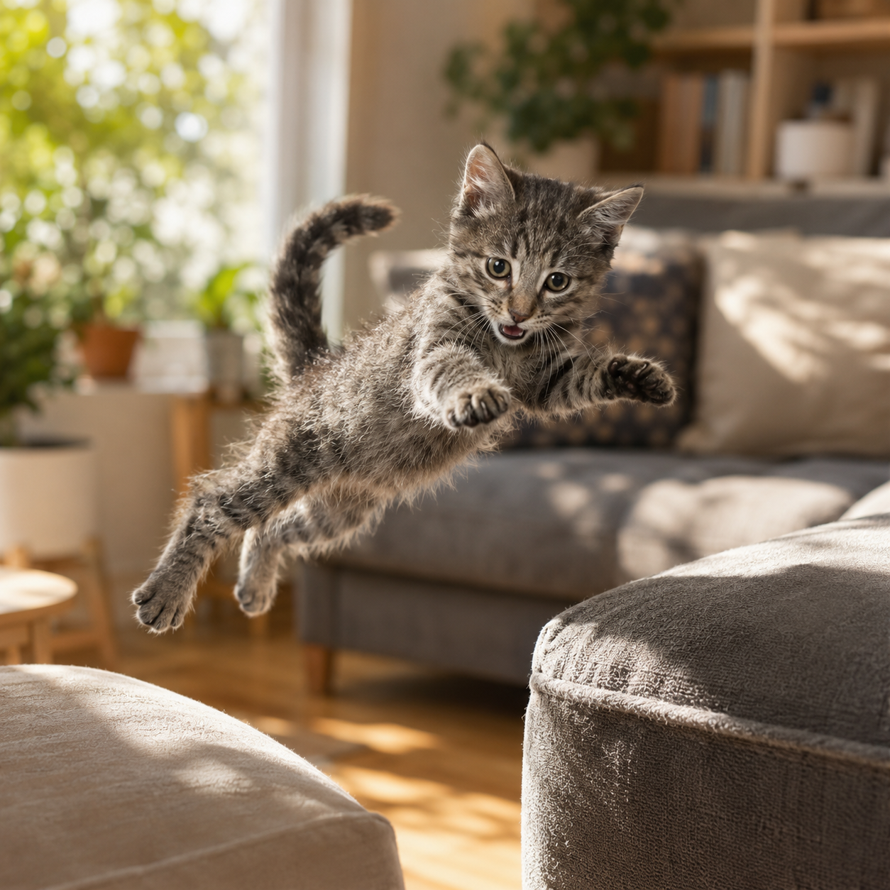 Flying Cat leaping across a sunlit living room