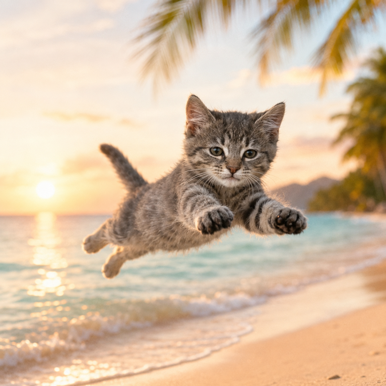 Flying Cat gliding over a tropical beach at sunset