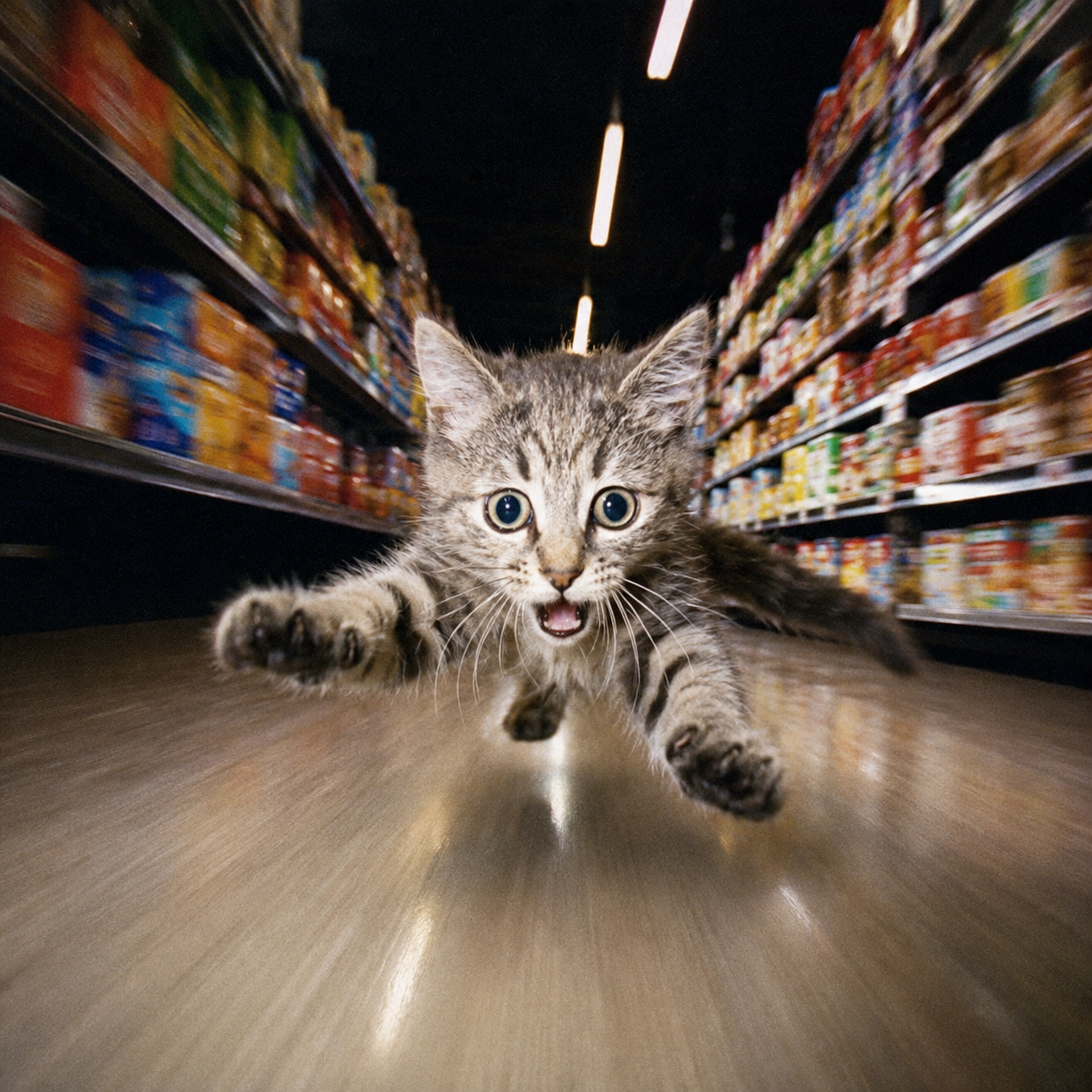Flying Cat blasting down a supermarket aisle